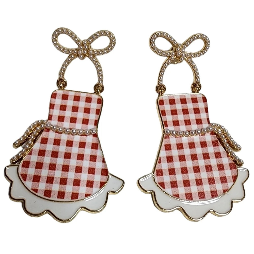 BaubleBar Sugarfix Flour Power apron red check‎ pearl earrings.